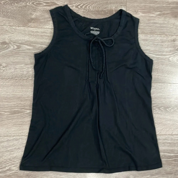 🌸 Merona Black Knit Sleeveless Tank Top Pleats & Tie Accent L - Picture 3 of 7